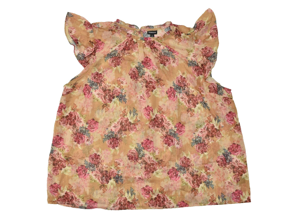 Torrid Women's Plus Size 3 Floral Flutter Sleeve Chiffon Top Pink Tan Gold Lurex